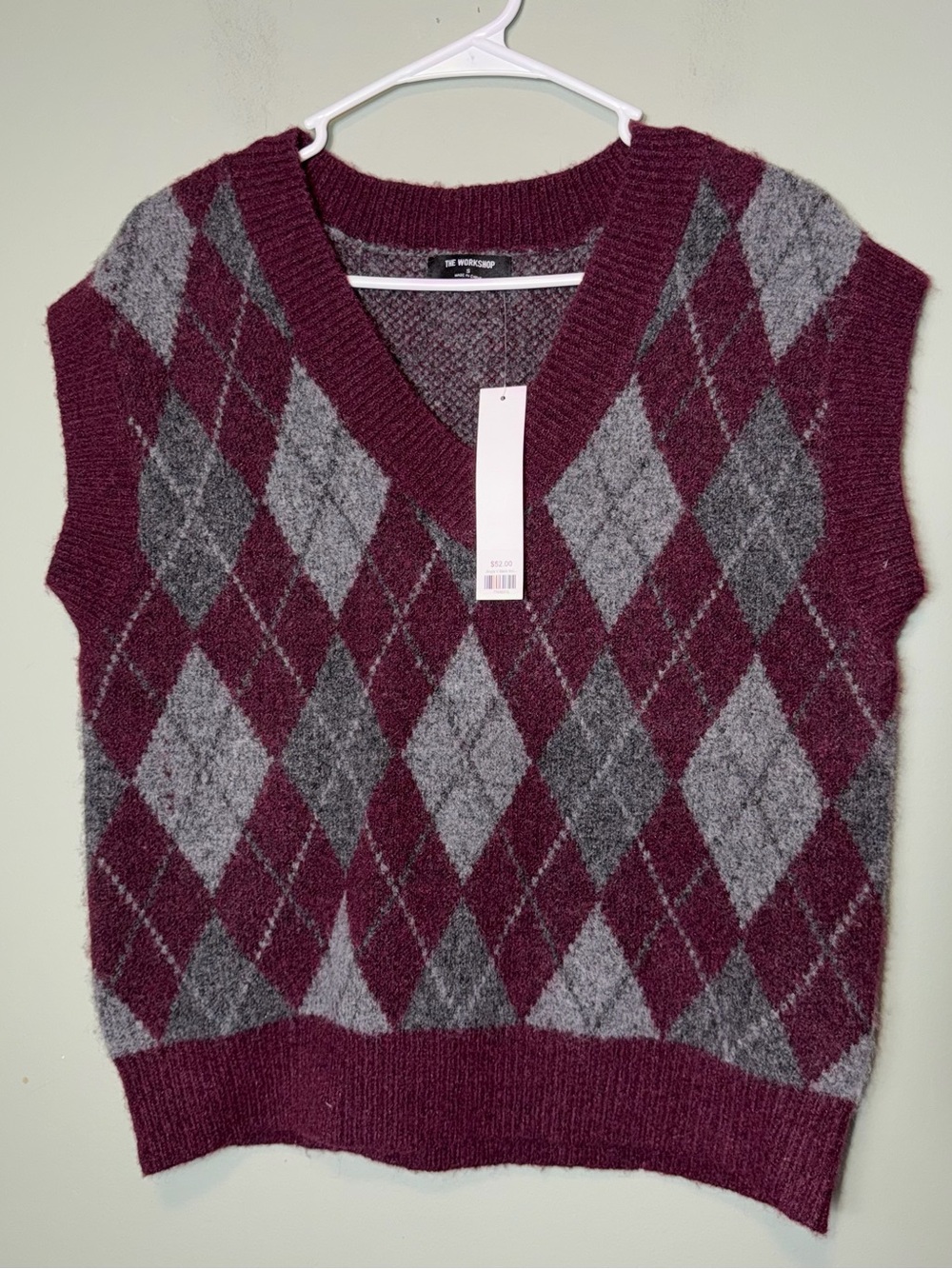 The Workshop Womens Argyle V-Neck Sweater Vest in Burgundy and Gray small